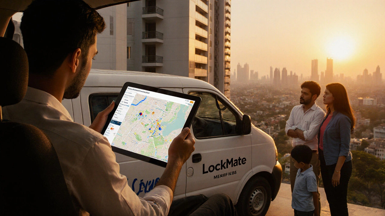A mobile locksmith conducting a smart home security audit outside a high-rise building.