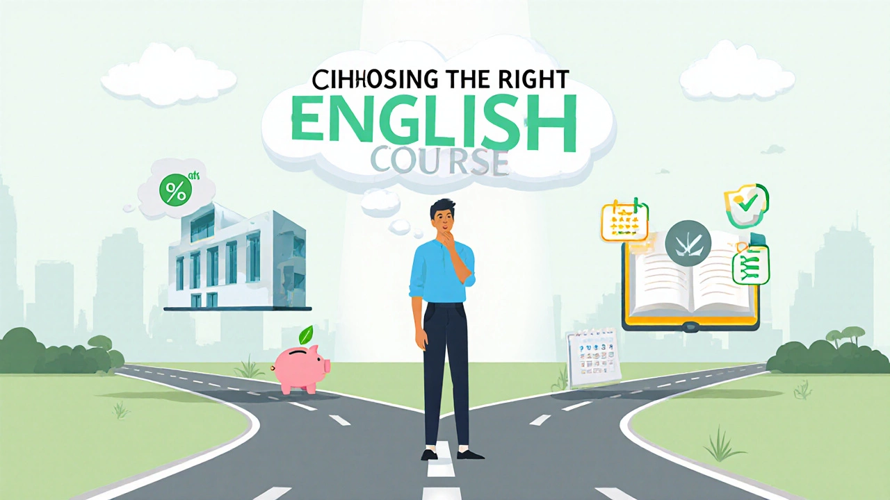 Adult at a crossroads with icons for offline institute, online platform, and free government course, surrounded by savings symbols.