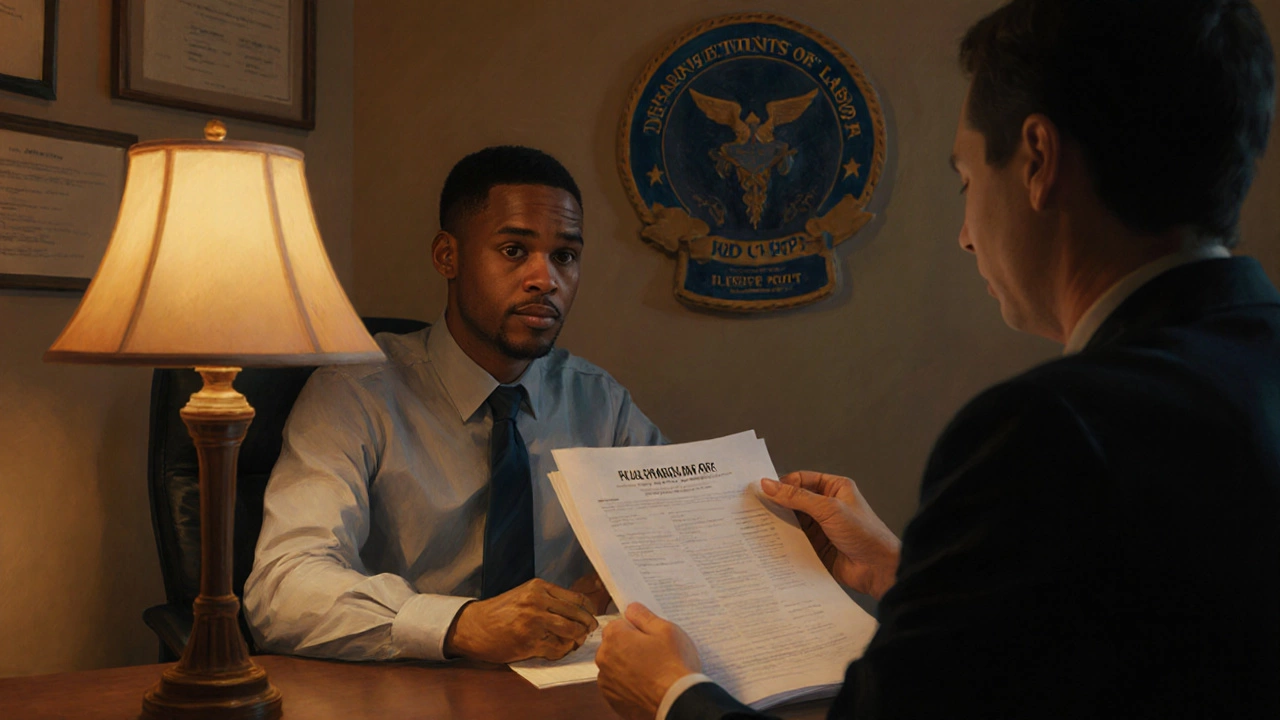 Applicant and counselor reviewing waiver papers in a warm office.