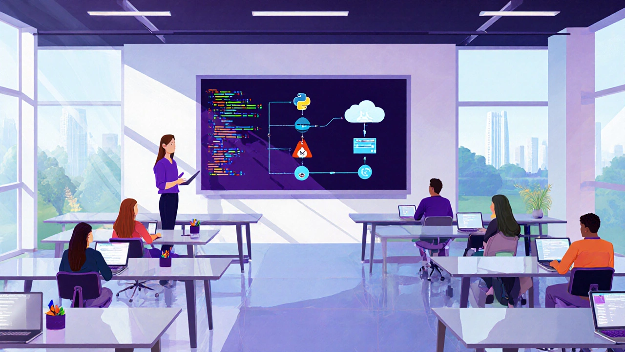 Bootcamp classroom with diverse students coding and a mentor showing a project pipeline on screen.