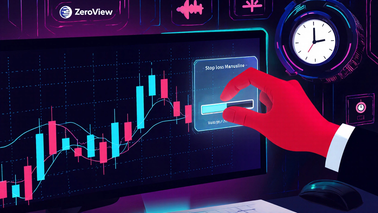 Close‑up of a neon trading chart with candlesticks, moving averages, and a hand adjusting stop‑loss.