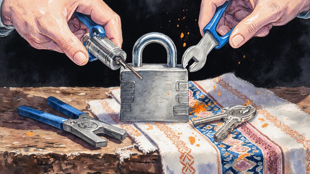 Close-up of locksmith tools: tension wrench, pick gun, and key impression kit on a workbench.