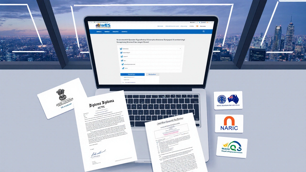 Desk with diploma, transcript, accreditation letter, and evaluation portal on laptop beside WES, NARIC, OQR icons.