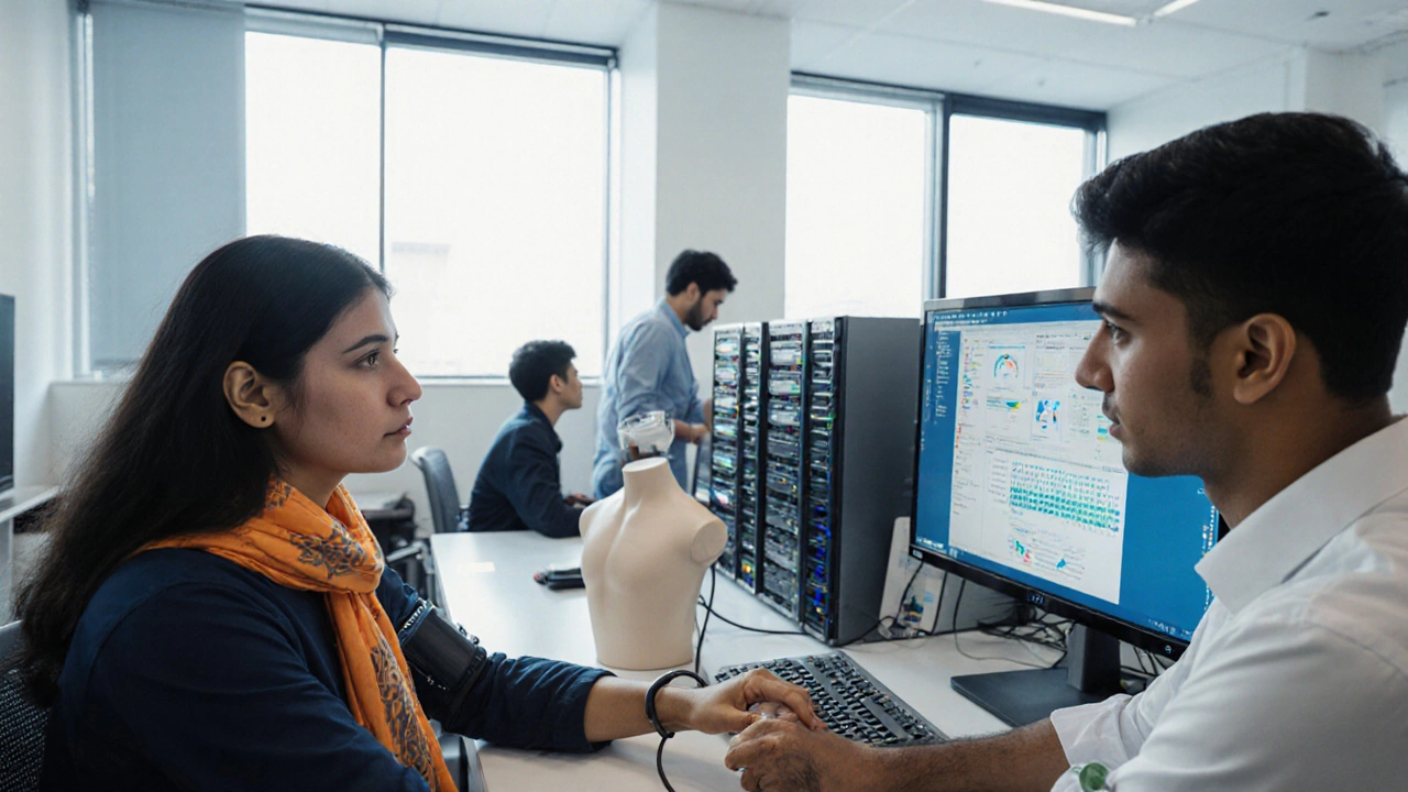 Diverse students in a university lab working on nursing, coding, cybersecurity, and business projects.