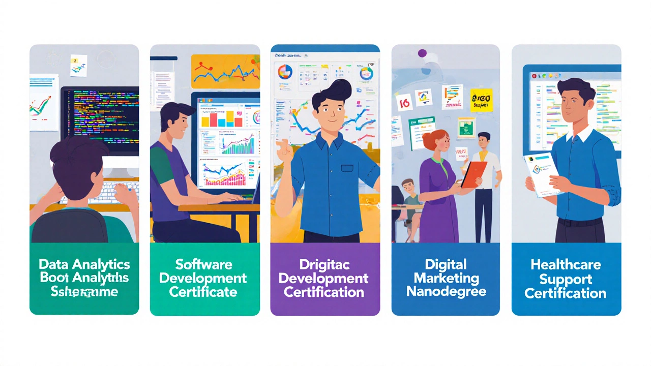Flat illustration showing five panels of different job‑ready courses in action.