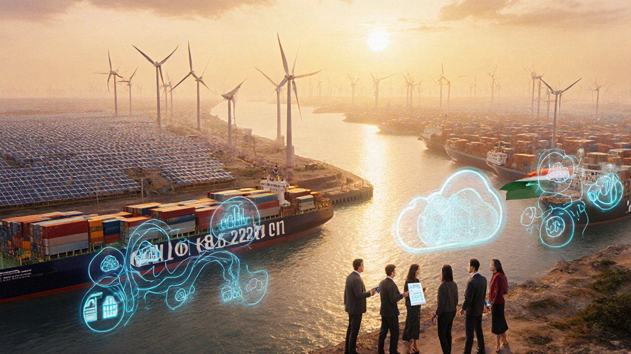 Futuristic Indian port with solar panels, wind turbines, holographic trade data, and digital services.