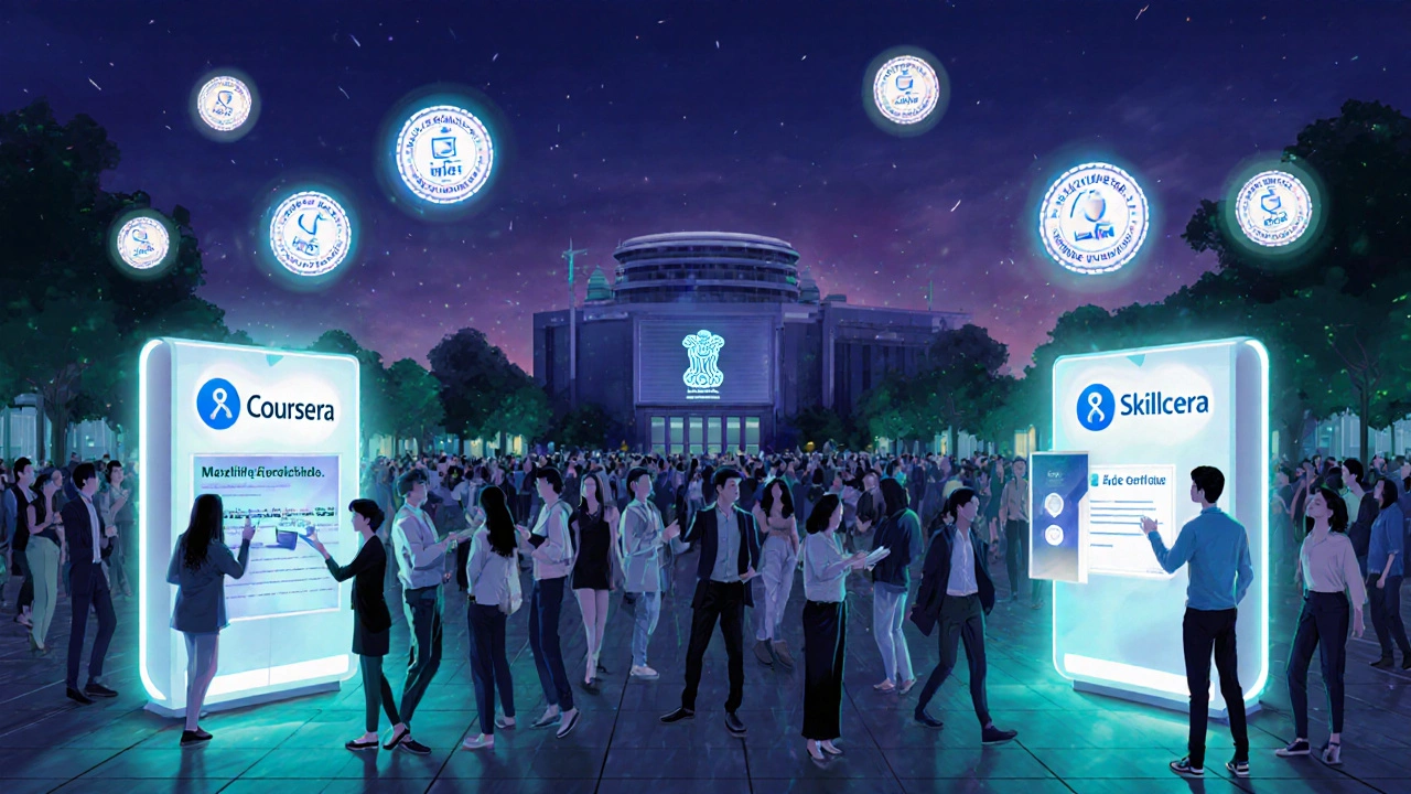 Futuristic Indian tech plaza with people accessing holographic Coursera badges.
