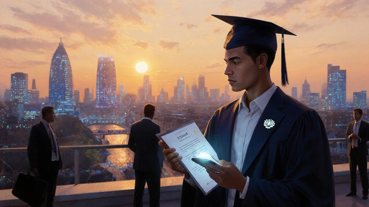 Graduate holding a certificate and job offer email on a balcony with city skyline.