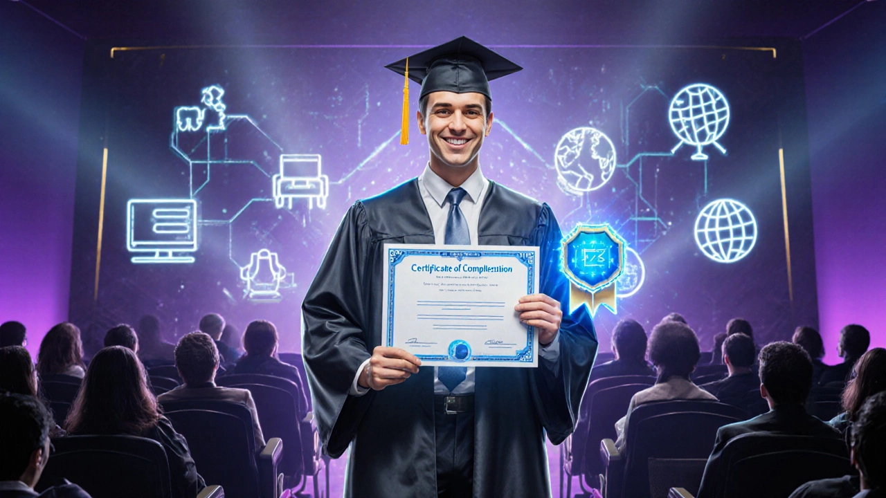 Graduate holding a Certificate of Completion and digital badge on a tech‑themed stage.