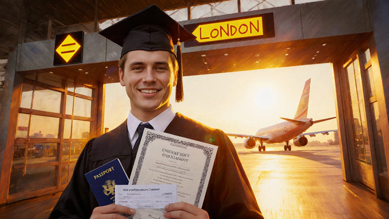 Graduate holding equivalency certificate and passport at airport gate, aircraft ready to board.