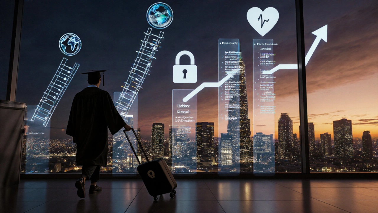 Graduate leaving airport with career ladder overlays for top in‑demand US courses.