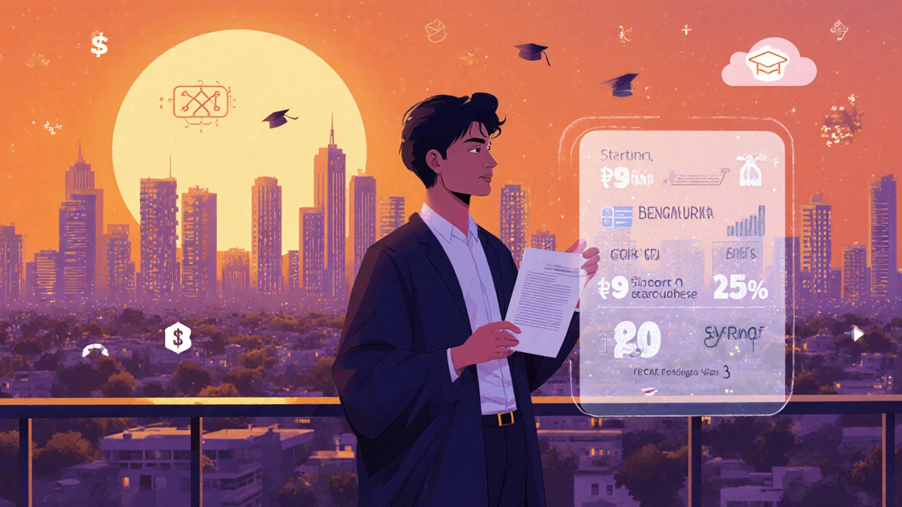 Graduate on a balcony at sunset holding a job offer, with floating salary and ROI infographic.