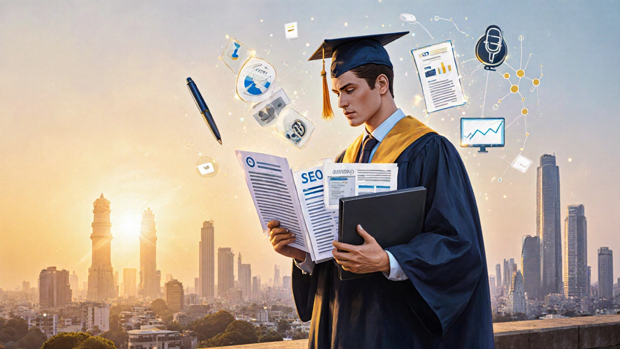 Graduate on rooftop at sunrise holding a portfolio, surrounded by skill icons and city skyline.