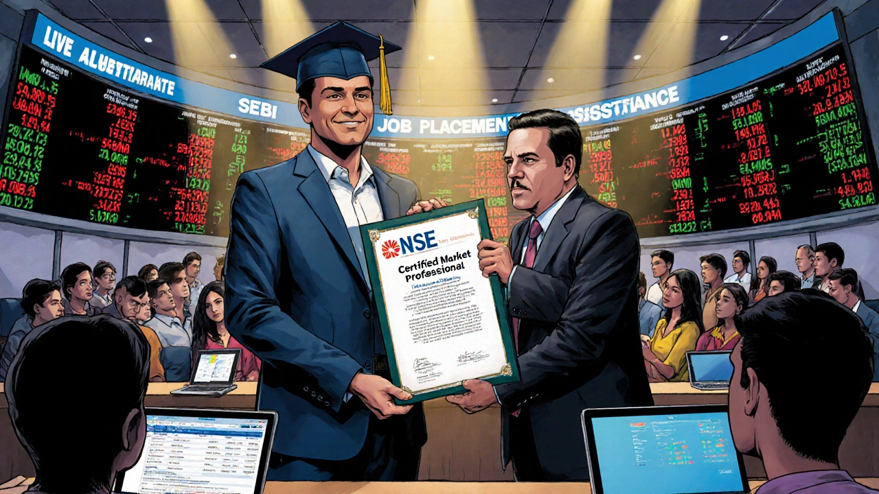 Graduate receives SEBI‑accredited certificate at a ceremony surrounded by peers and market screens.