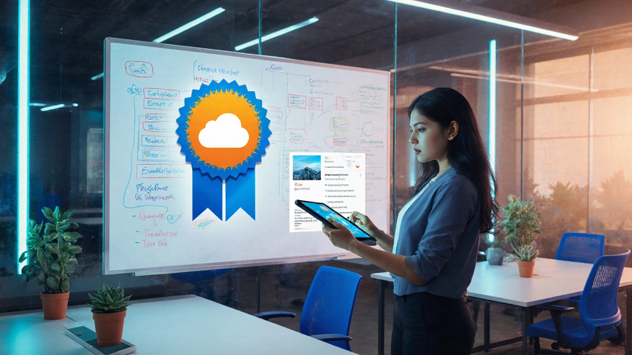Hiring manager examining a Coursera badge and project portfolio in a modern startup setting.