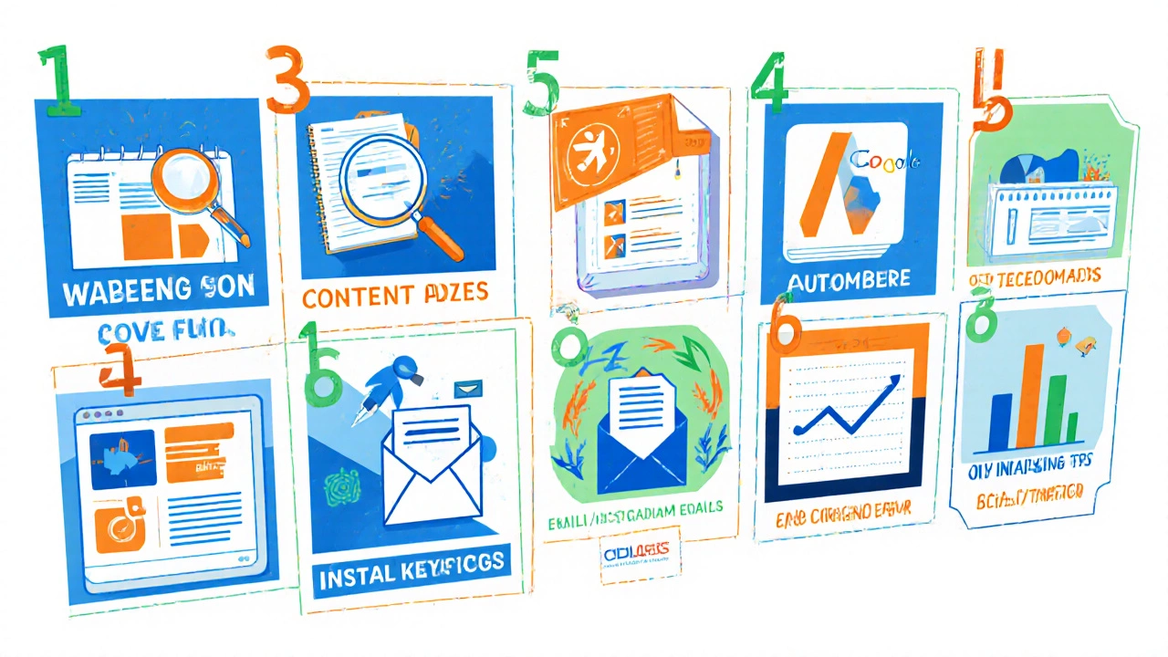 Illustrated wall collage showing 12 weekly digital marketing tasks.