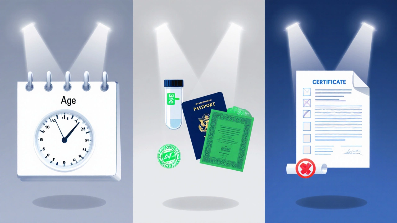 Illustration of age, drug test, passport, criminal record, and diploma icons.
