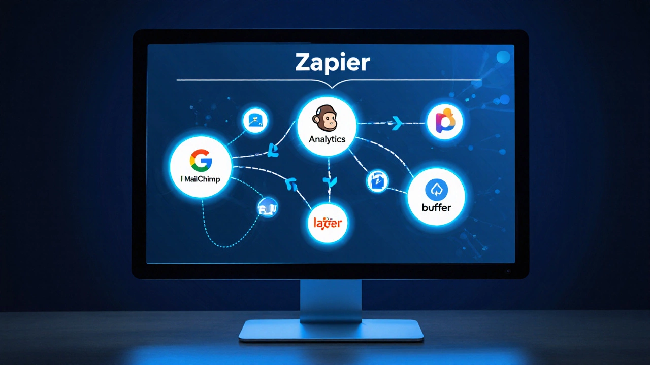 Illustration of connected digital marketing tool icons linked by arrows on a screen.
