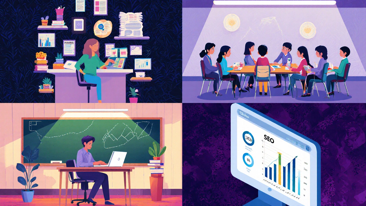 Illustration of four career paths: content writer, teacher, civil services exam taker, and digital marketer.