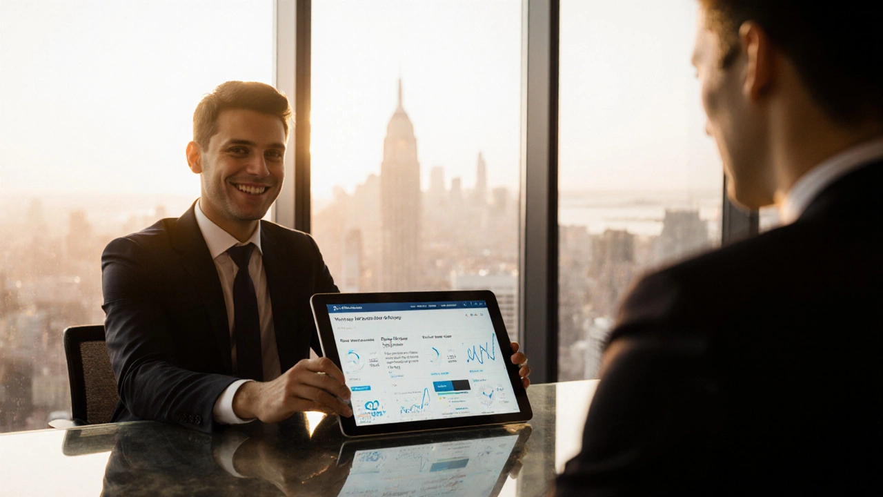 Job candidate showcasing digital marketing portfolio to recruiter.