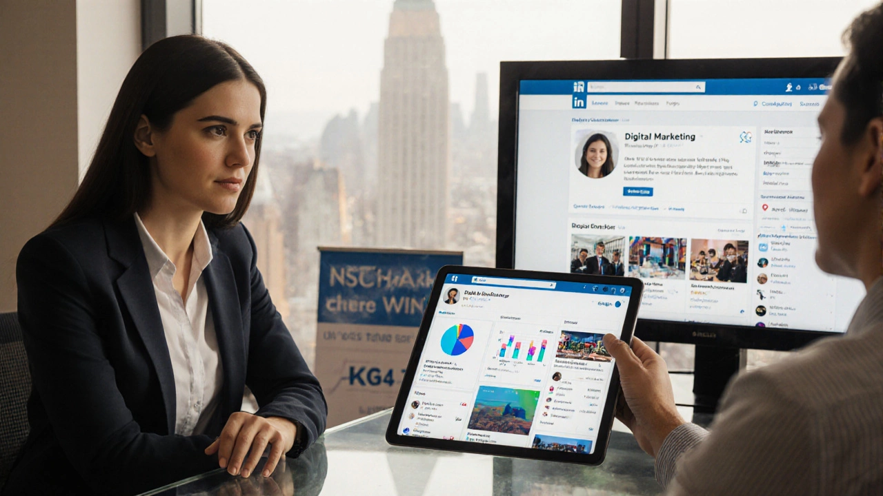 Job interview scene where a candidate showcases a digital marketing portfolio to a hiring manager.