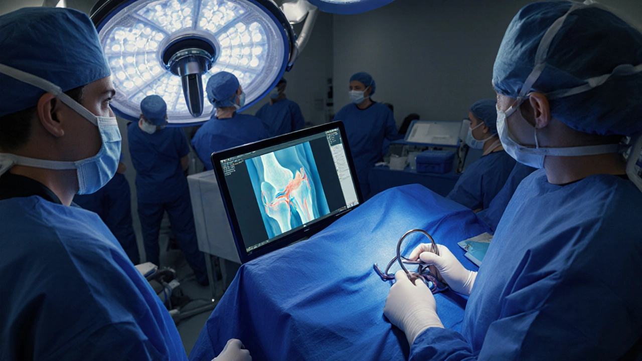 Orthopedic surgeon performing knee replacement surgery from over the shoulder view.