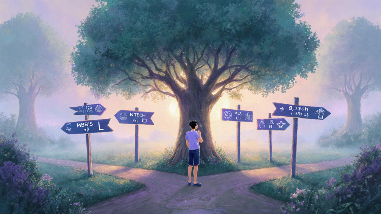 Person at a crossroads with six signposts showing different degrees and their salary/ROI stats.