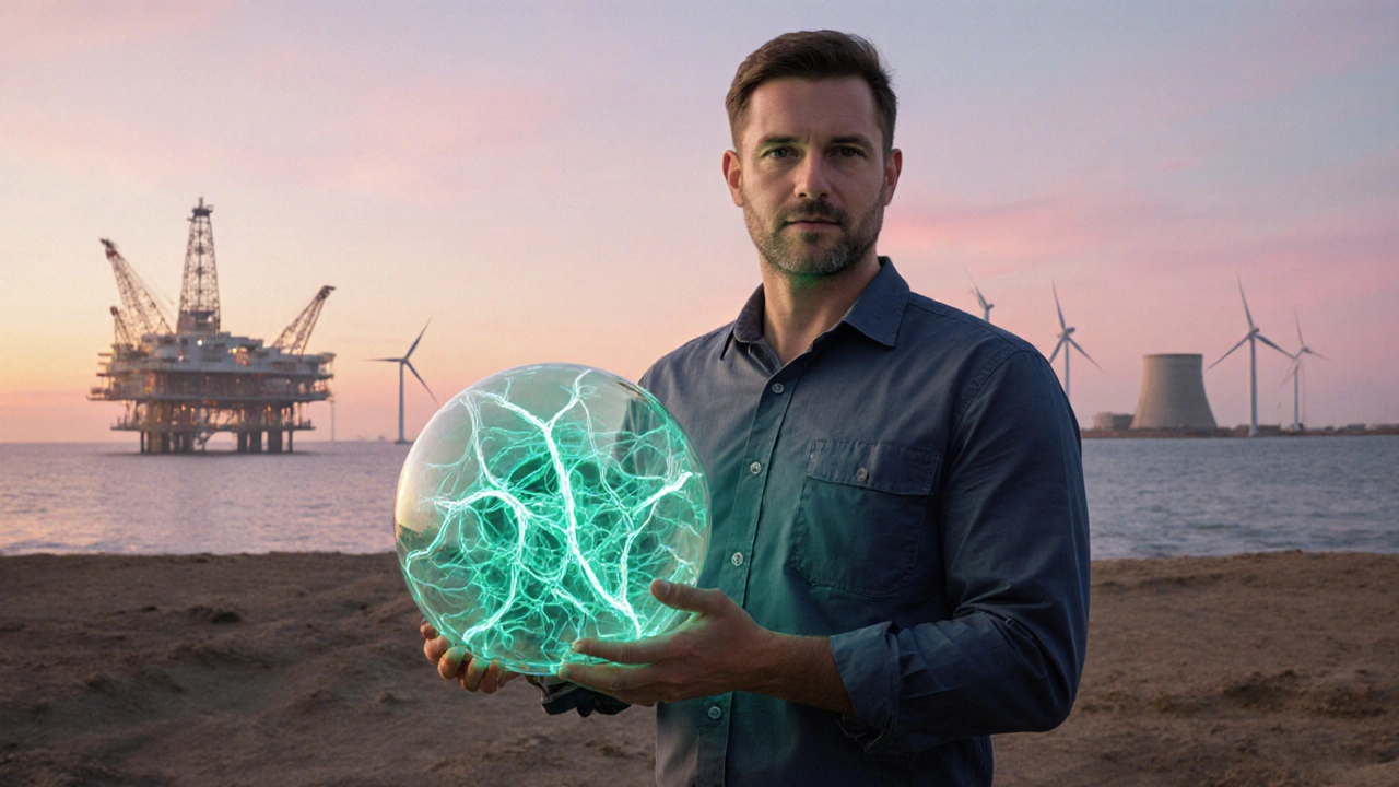 Petroleum engineer holding carbon‑capture device beside wind turbines and a geothermal plant.