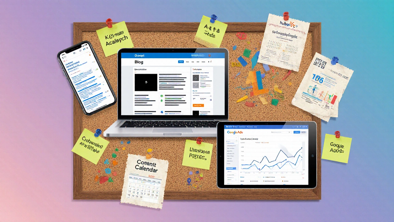 Portfolio collage featuring a blog, social media mock campaign, and PPC ROI dashboard with certification badges.