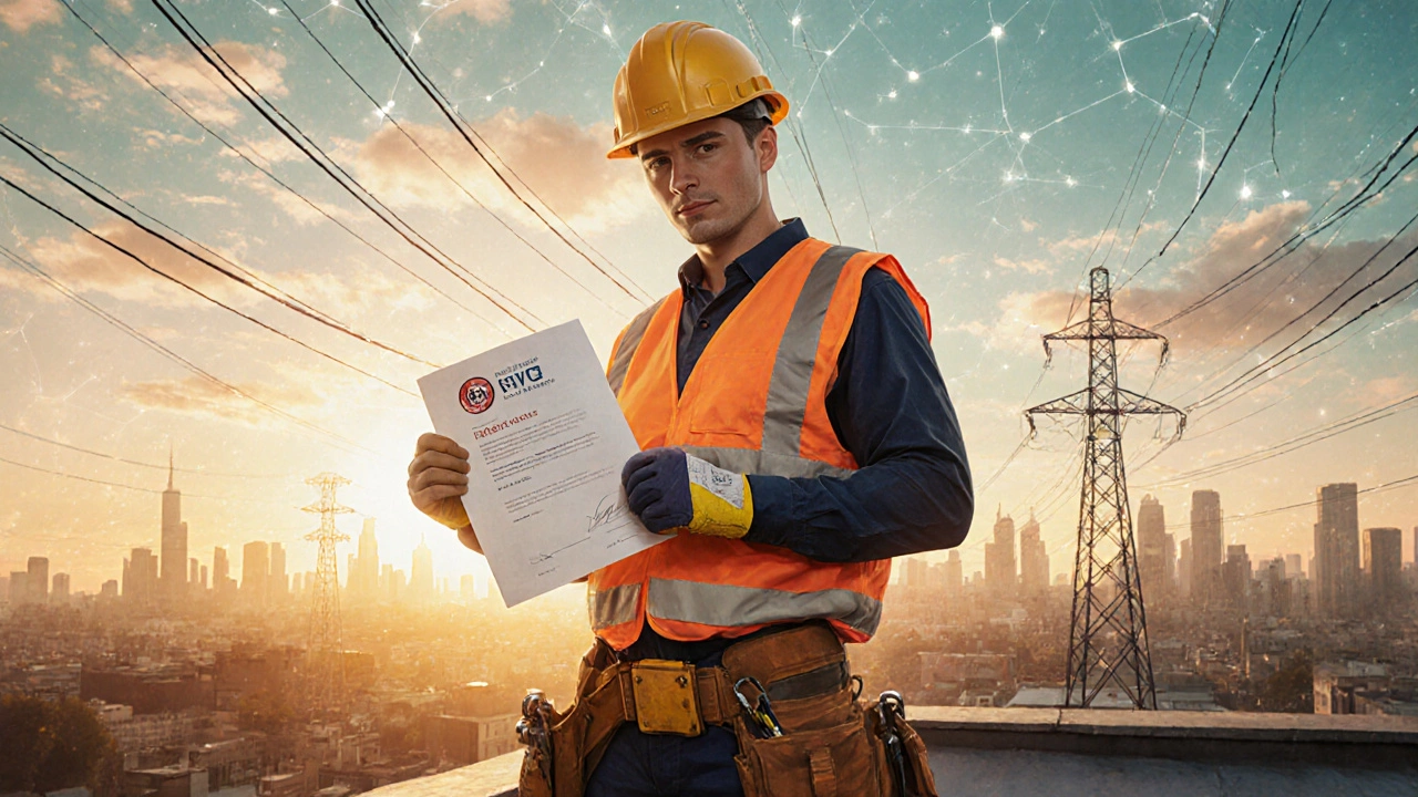 Qualified electrician on rooftop at sunrise holding certificate and toolbelt.