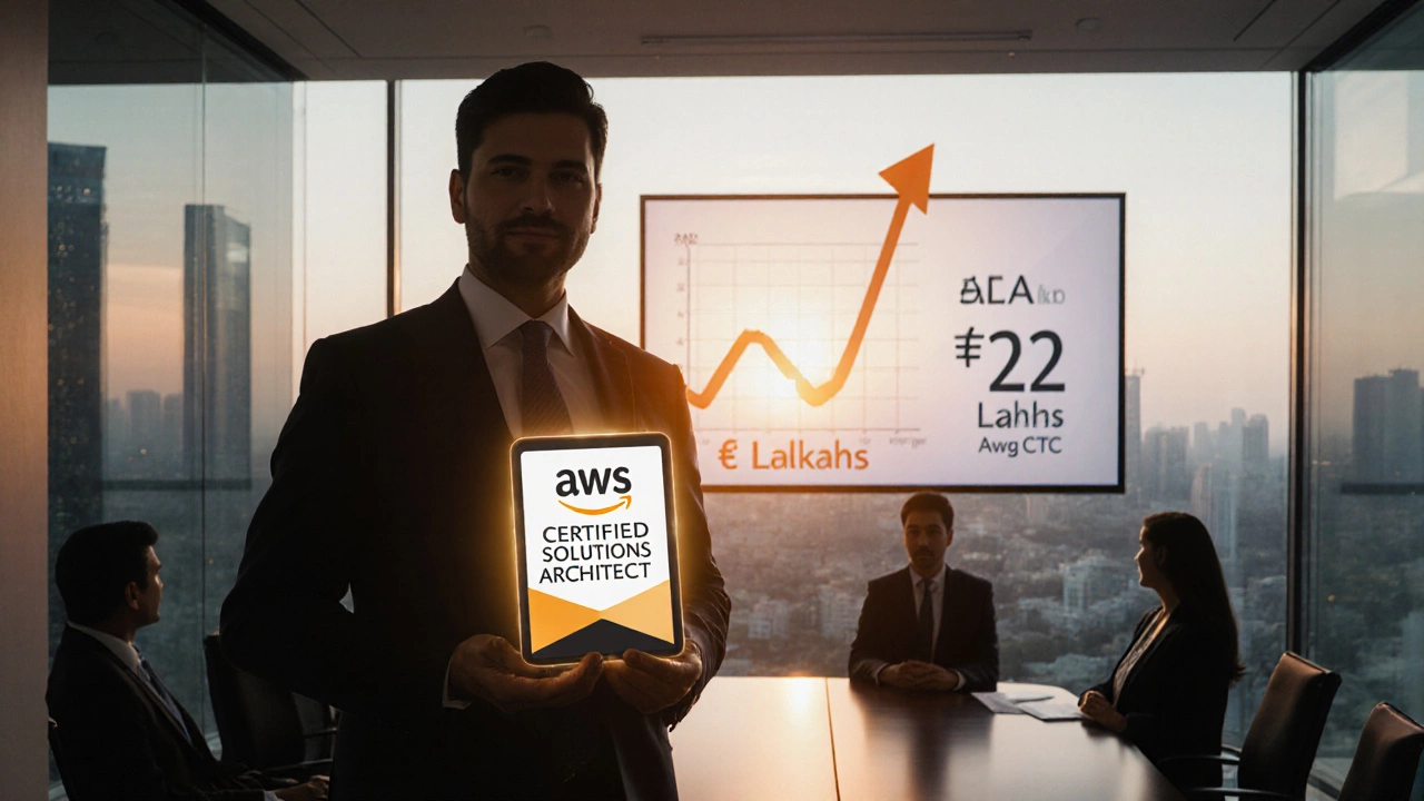 Senior Indian IT specialist holding an AWS certification badge in front of executives with a rising salary arrow.