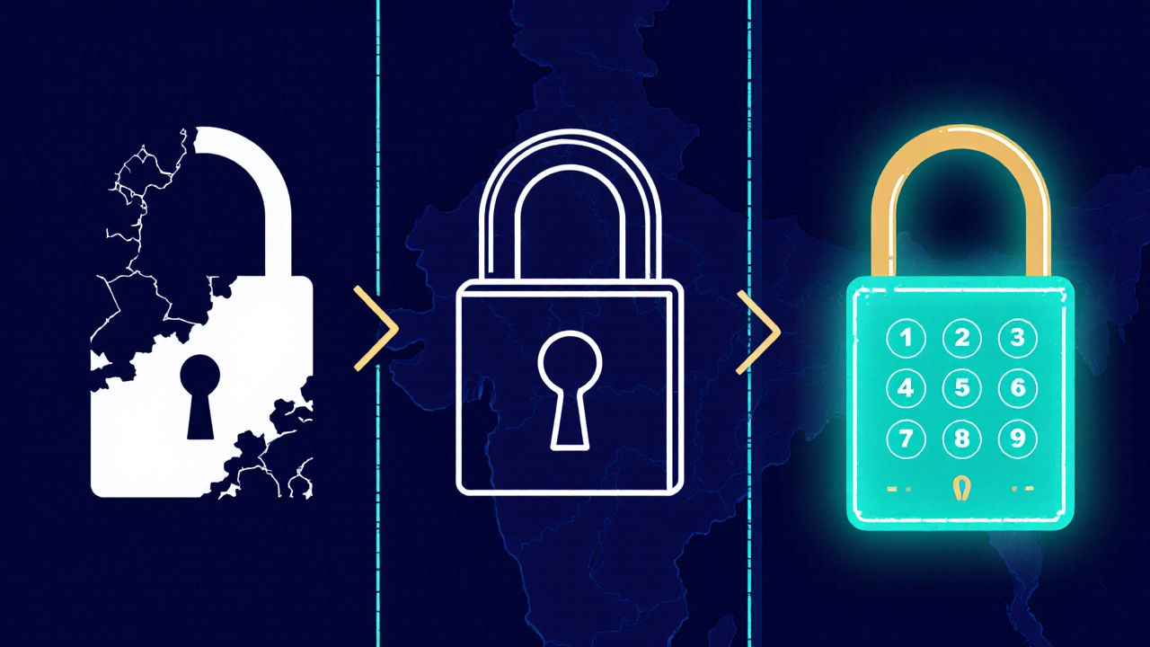Sequence showing a broken lock replaced by a new digital keypad lock.