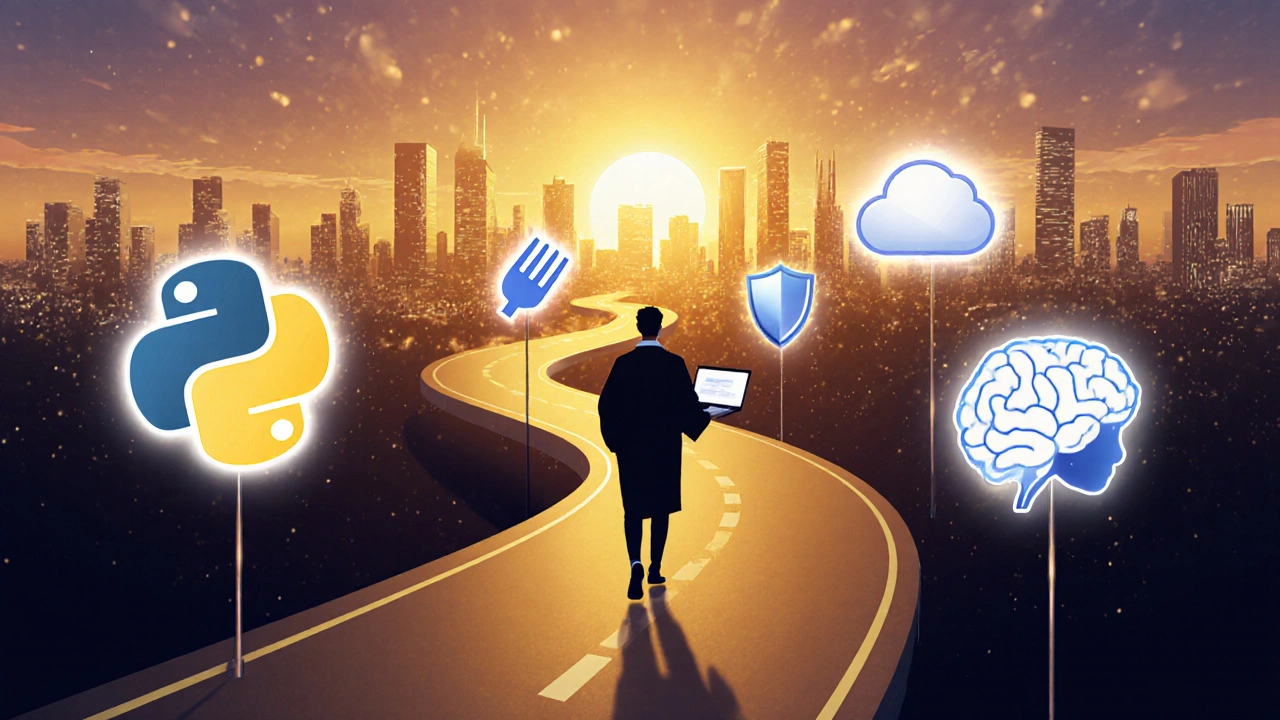 Silhouette of a graduate walking a road marked by tech icons toward a sunrise cityscape.