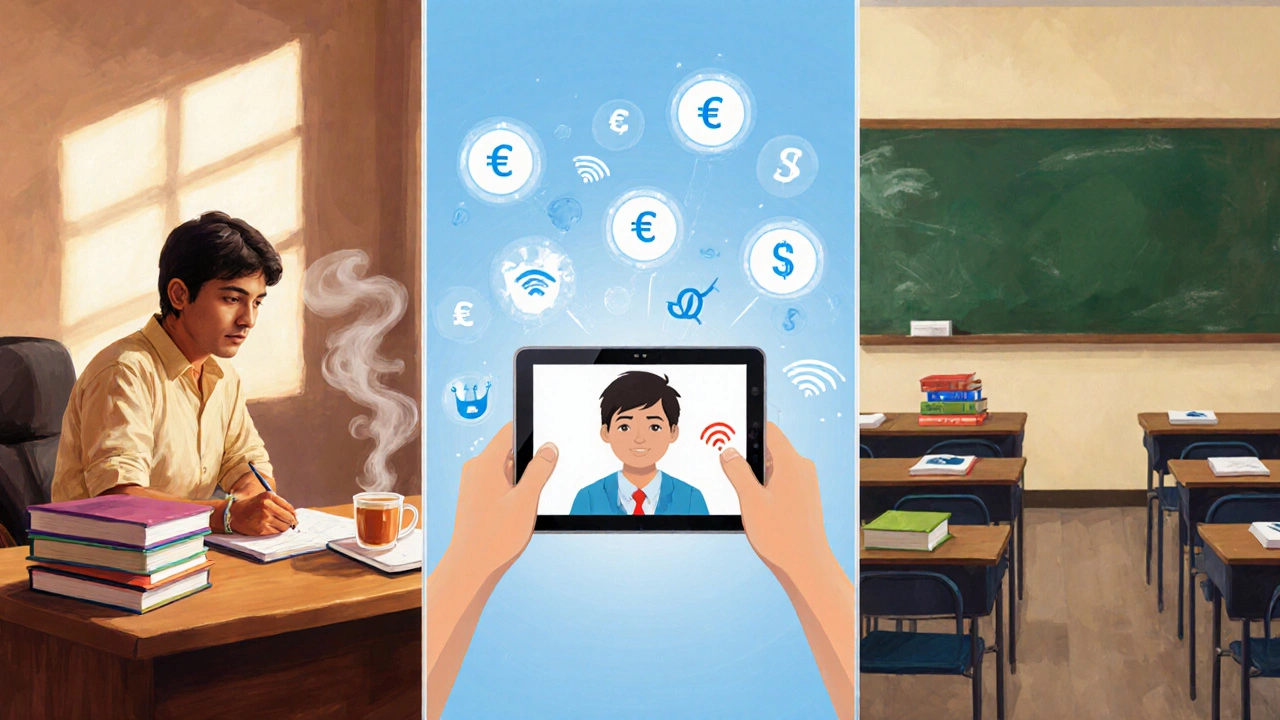 Split scene of private tutor at home, online lesson on tablet, and government classroom with hidden cost symbols.