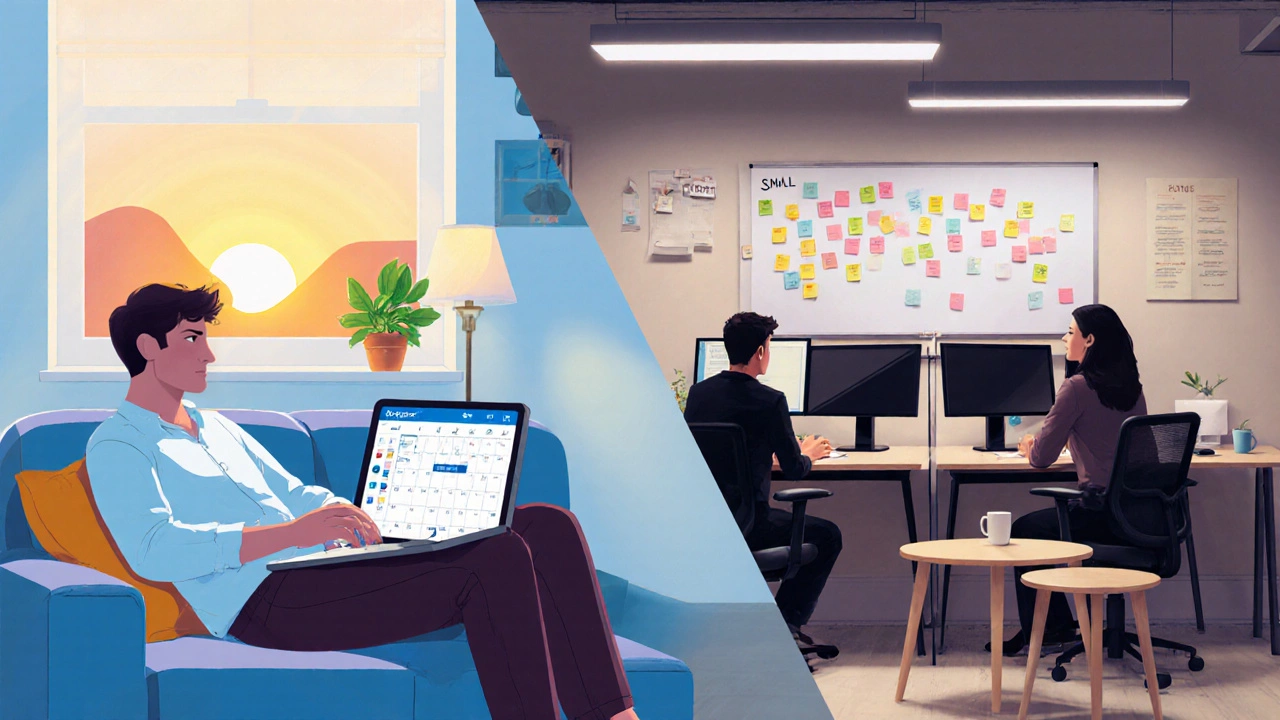 Split view of a freelancer working on a couch beside a small agency office with a team.