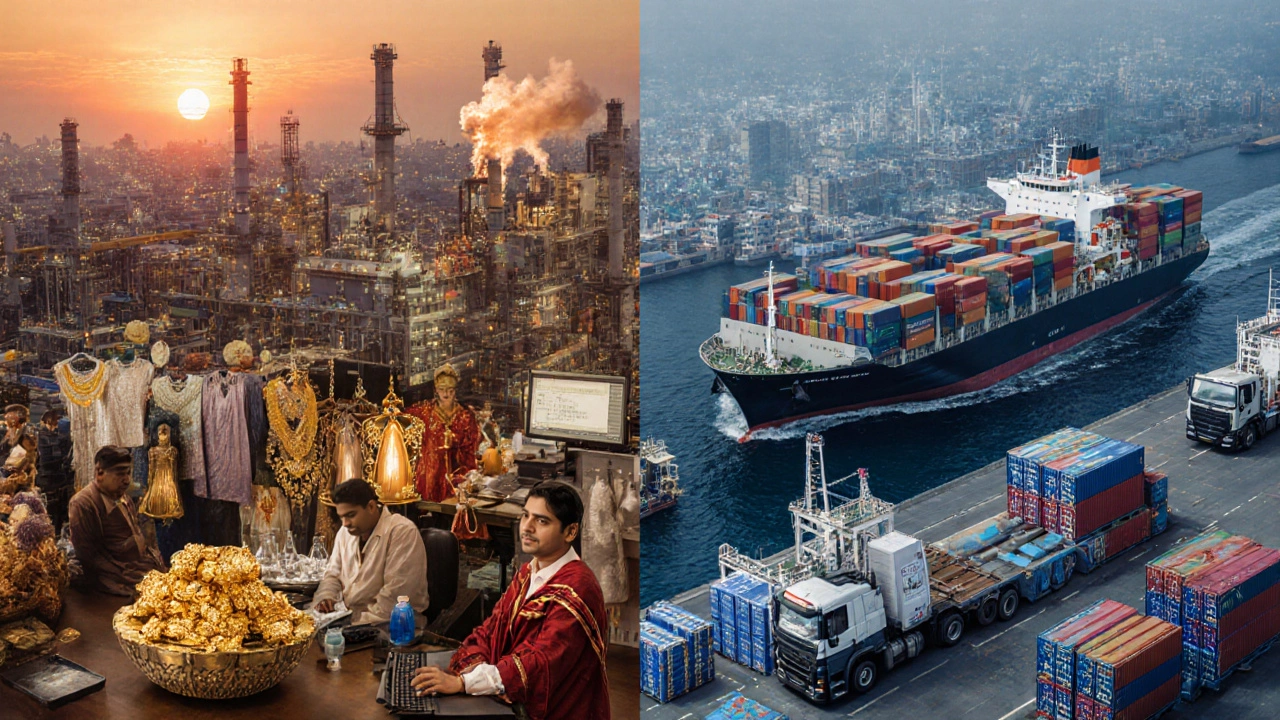 Split view of Indian export factories and imported cargo ships, machinery, gold, and chemicals.