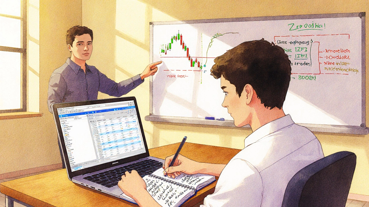 Student learning day trading in a bright classroom with a laptop showing Zerodha Kite.