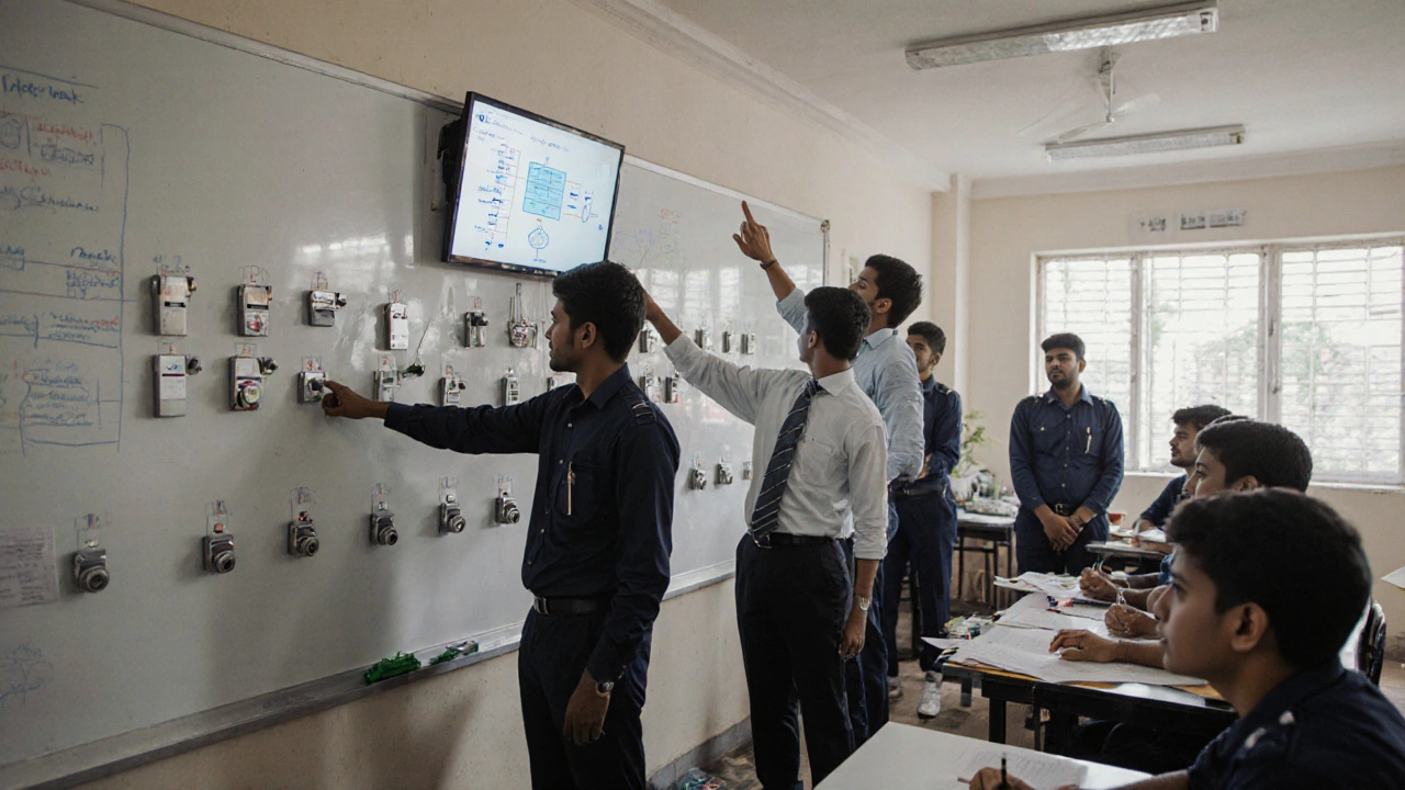 Students in a locksmith training center learning to troubleshoot electronic access systems.