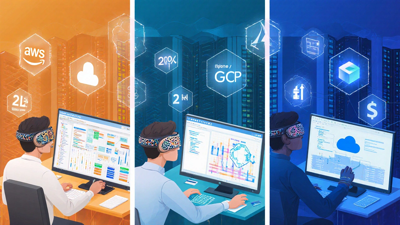 Three-panel illustration of cloud architects working on AWS, Google Cloud, and Azure with salary ranges displayed.