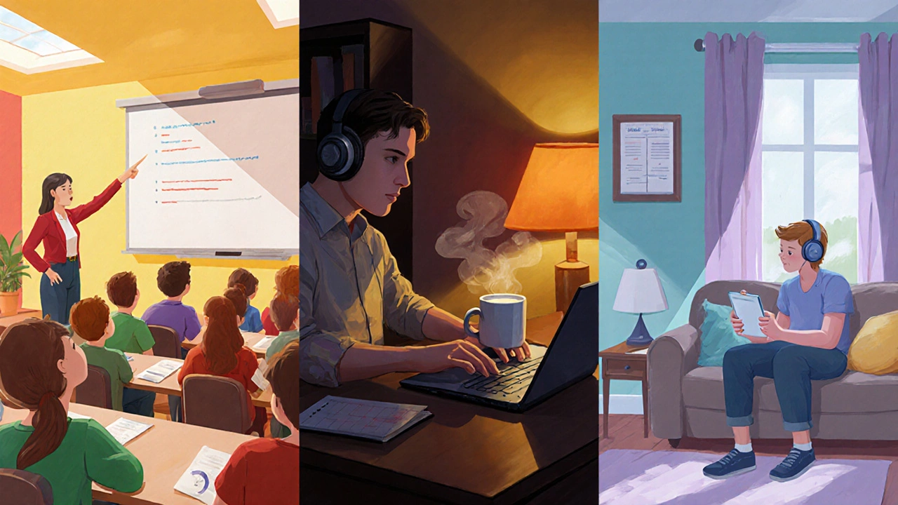 Three side‑by‑side scenes showing full‑time class, part‑time home study, and self‑paced online learning.