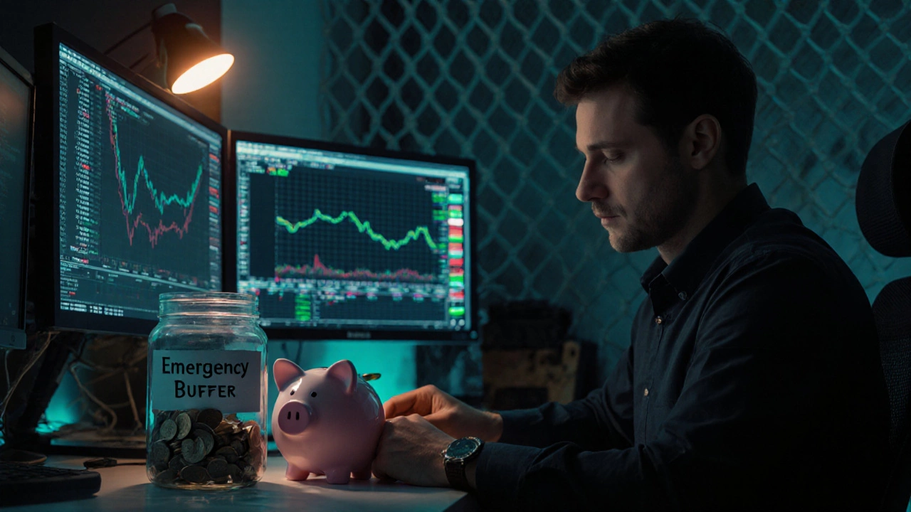 Trader monitoring market screens beside a jar of emergency cash and a piggy bank.