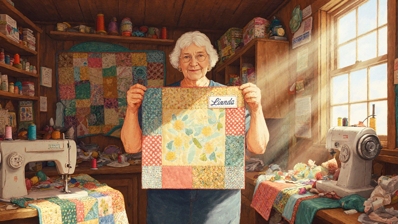 Woman holding a handmade quilt with her name tag in a sunlit sewing studio.