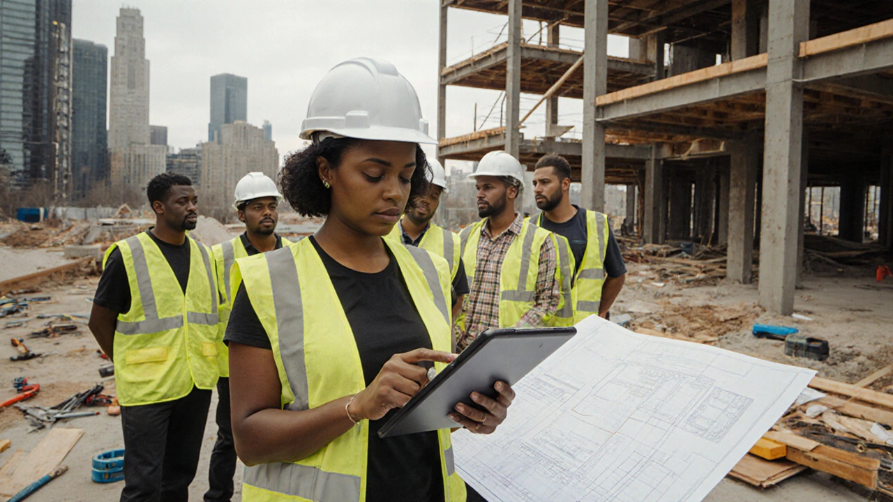 Woman in construction hard hat pointing at blueprints on a tablet, supervising workers.