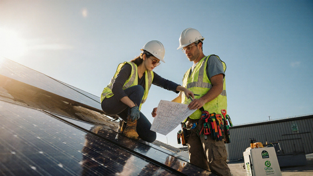 Woman installing solar panels on a rooftop with mentor guiding her
