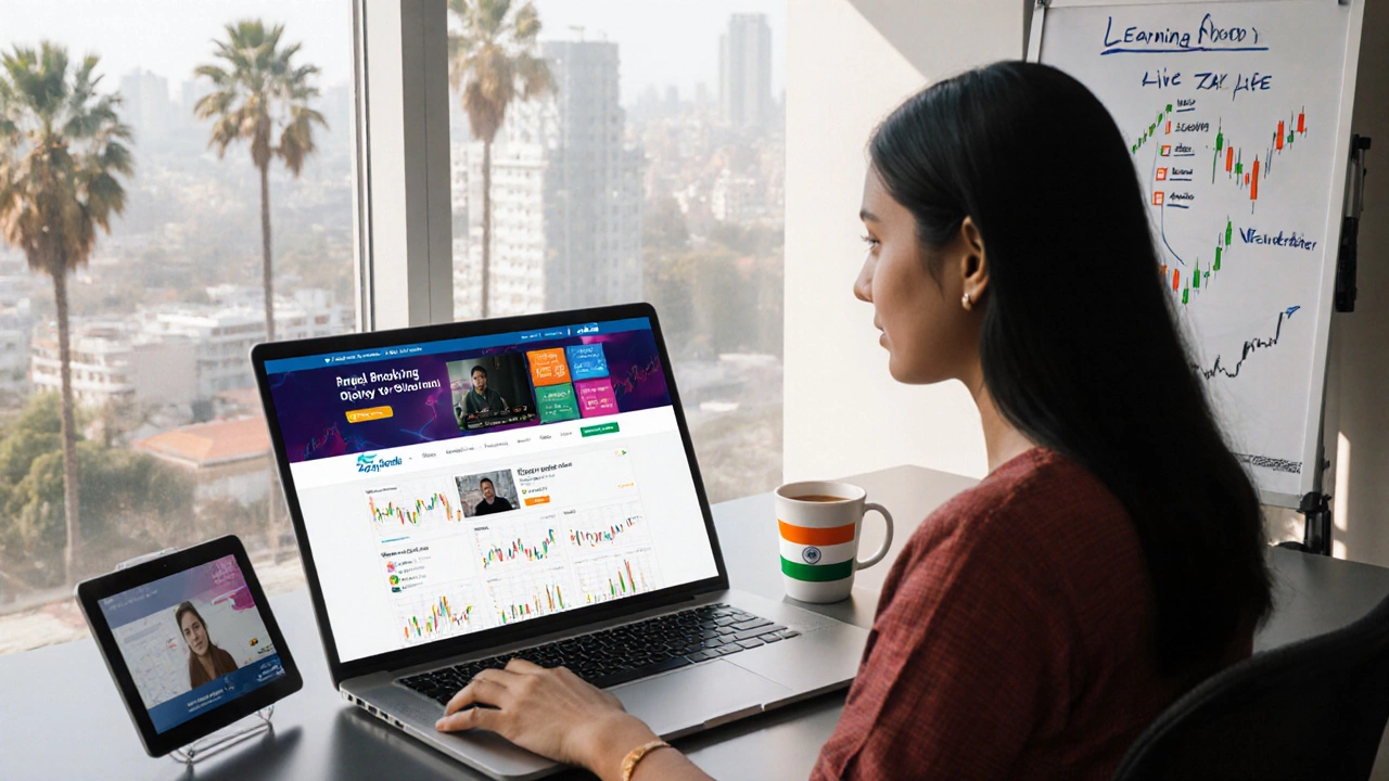 Woman studies Zerodha Varsity on laptop in a bright home office with charts and notes.