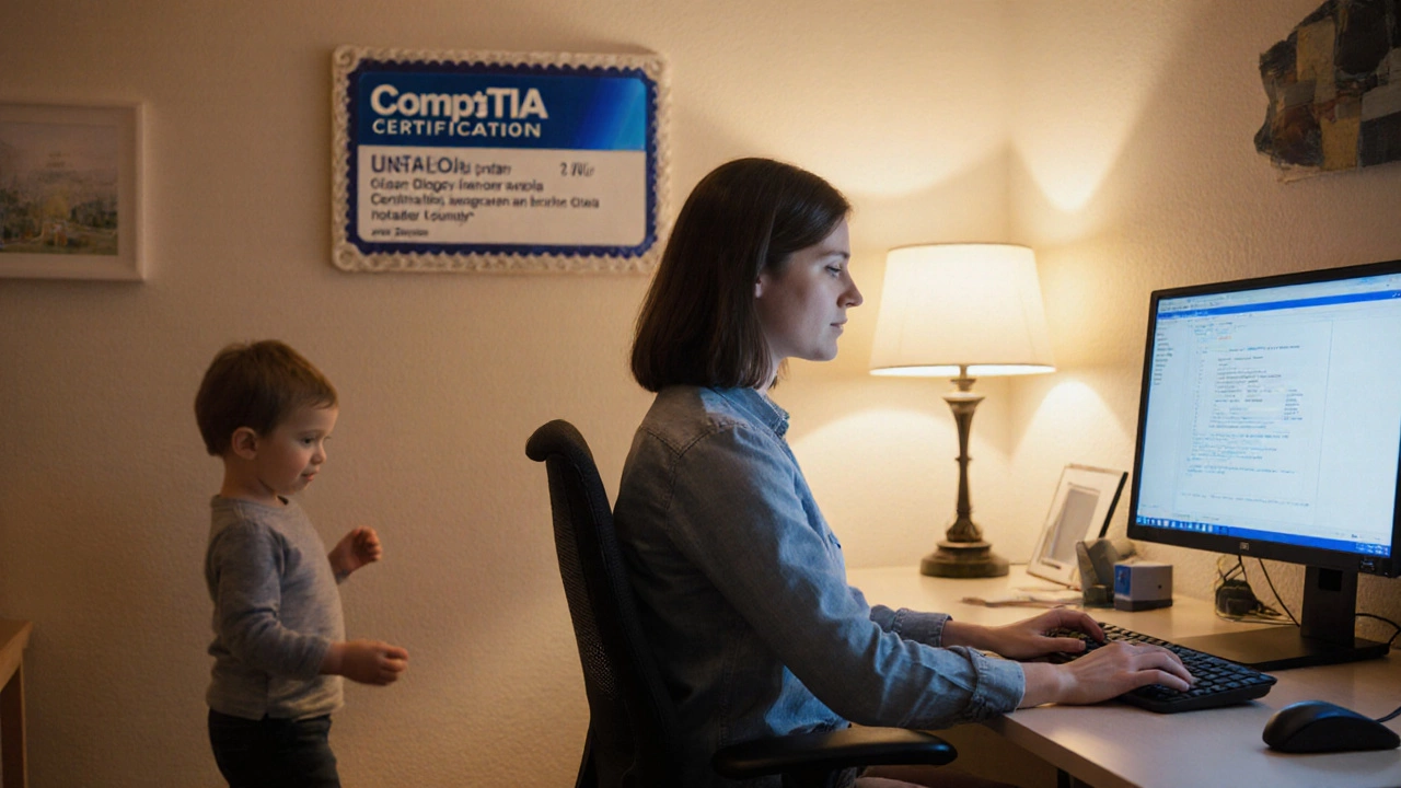 Woman working remotely on computer repair with child playing nearby